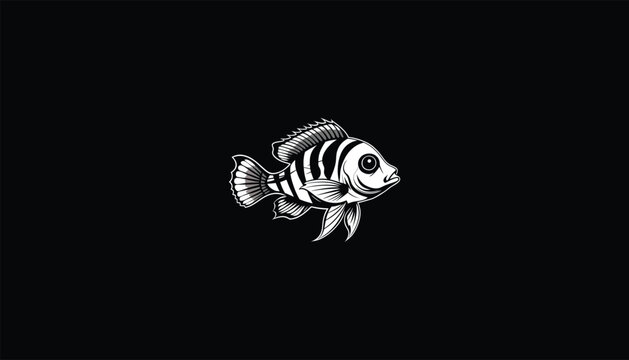 recommend clip art: Keyhole Cichlid Fish, Circular Design, Black Background, White Outline, Distinctive Marking Illustration, Detailed Aquatic Art