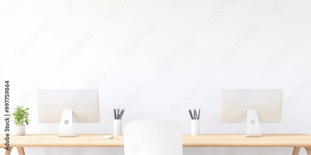 Poster Minimalist Modern Office Desk Setup with Computers and Plants in Bright Workspace