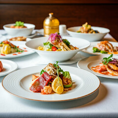 salad with shrimps, chicken with vegetables. grilled meat with vegetables food on a plate. meat and vegetables in a table.