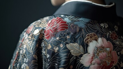Obraz premium Elegant composition showing the back of a traditional kimono with intricate patterns highlighted in soft lighting