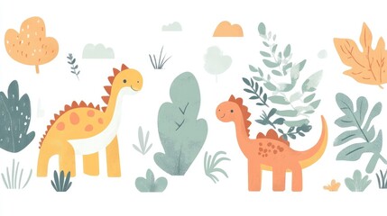 Minimalist Cute Doodle Dinosaurs, Plants, and Mountains Pattern Design