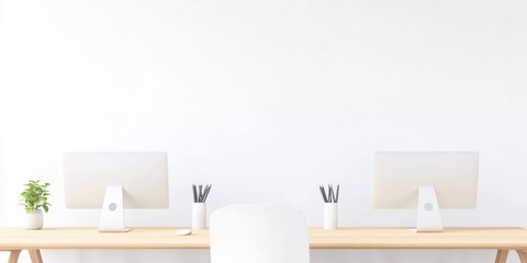 Minimalist Modern Office Desk Setup with Computers and Plants in Bright Workspace
