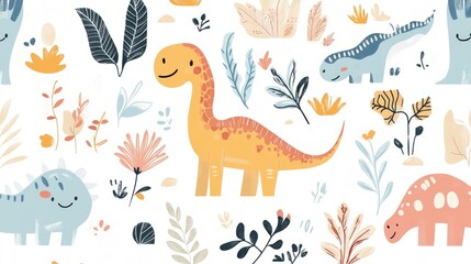 Minimalist Cute Doodle Dinosaurs, Plants, and Mountains Pattern Design