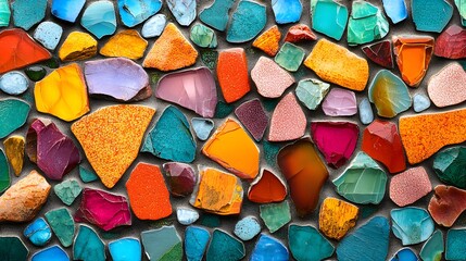 A vibrant mosaic wall using irregular pieces of sea glass in bold tropical colors, with splashes of orange, pink, and green creating the effect of a coral reef