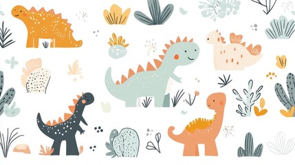 Minimalist Cute Doodle Dinosaurs, Plants, and Mountains Pattern Design