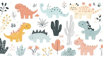 Minimalist Cute Doodle Dinosaurs, Plants, and Mountains Pattern Design