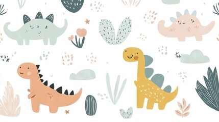 Obraz premium Minimalist Cute Doodle Dinosaurs, Plants, and Mountains Pattern Design