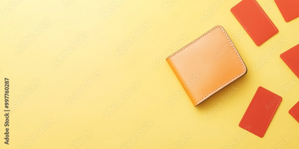 Poster minimalist still life with orange wallet and red signs on yellow background in knolling style