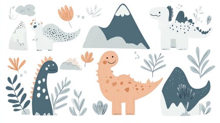 Minimalist Cute Doodle Dinosaurs, Plants, and Mountains Pattern Design