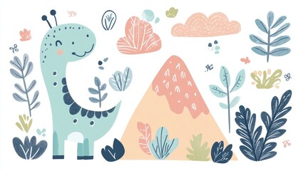 Minimalist Cute Doodle Dinosaurs, Plants, and Mountains Pattern Design
