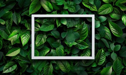 Empty white frame against green leaves background. Nature-inspired design concept.
