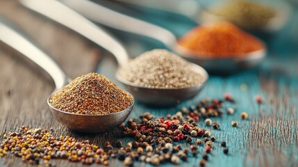 A vibrant display of various spices in measuring spoons on a rustic wooden surface, showcasing the rich colors and textures ideal for culinary enthusiasts.