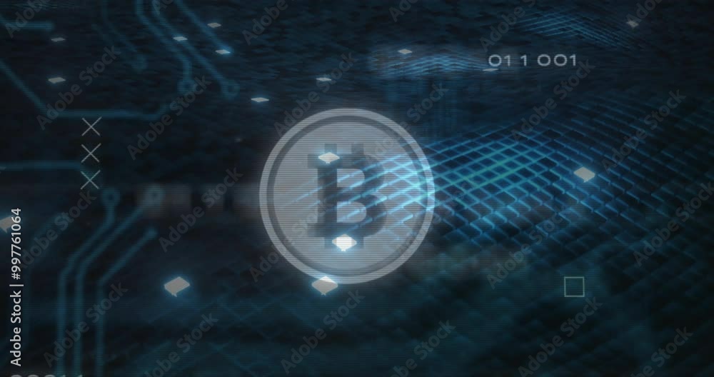 Poster Animation of bitcoin symbol over data processing and shapes on black background