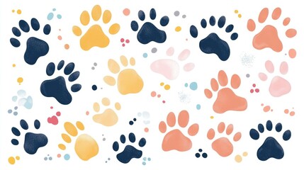 Vector Flat Illustration of Various Paw Prints. Pastel Color Palette on White Background