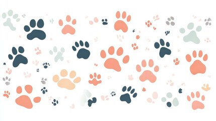 Vector Flat Illustration of Various Paw Prints. Pastel Color Palette on White Background