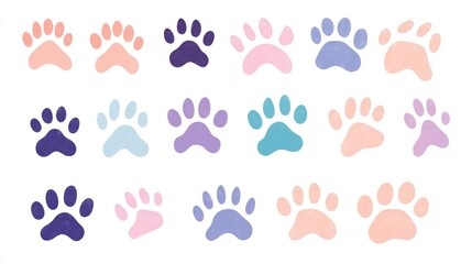 Vector Flat Illustration of Various Paw Prints. Pastel Color Palette on White Background