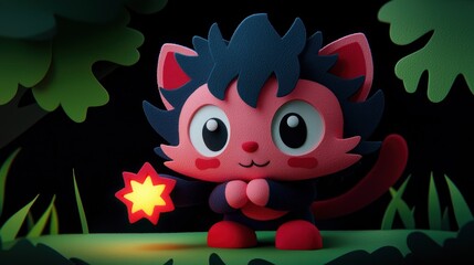 Cute Cartoon Cat Holding a Star in the Forest at Night