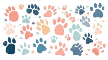 Obraz premium Vector Flat Illustration of Various Paw Prints. Pastel Color Palette on White Background