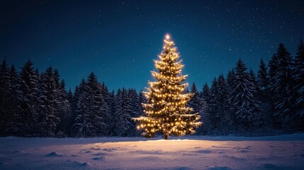 Christmas tree beautifully illuminated with soft lights outdoors in a snowy forest at night, surrounded by tall pine trees under a clear starry sky