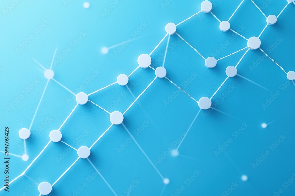 Poster simple line graph going up on blue background, simple shapes, white string and dots in the shape