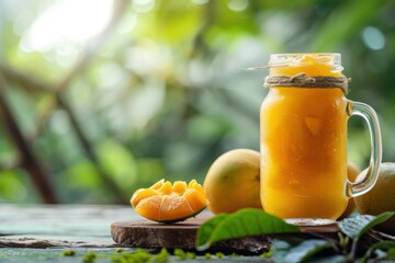 Refreshing Mango Smoothie in a Mason Jar with Fresh Mango Chunks and Tropical Garden Backdrop