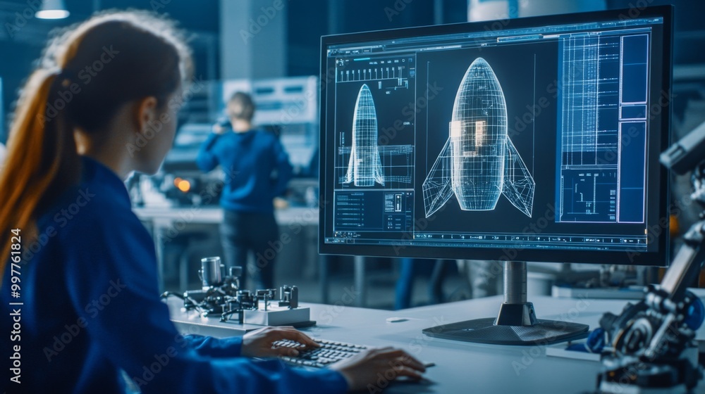 Aufkleber A female engineer is intently working on rocket schematics on a computer in a modern laboratory, with colleagues visible in the background
