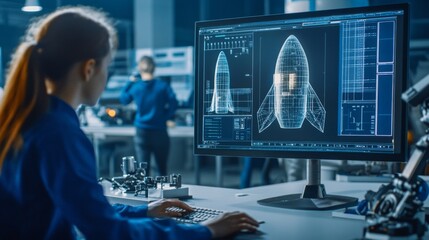A female engineer is intently working on rocket schematics on a computer in a modern laboratory, with colleagues visible in the background