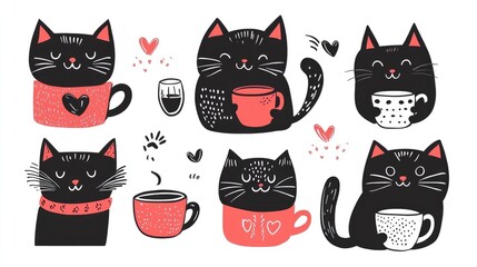 Cute Hand-Drawn Doodle Cats with Coffee Mugs. Minimalist Vector Illustration on White Background