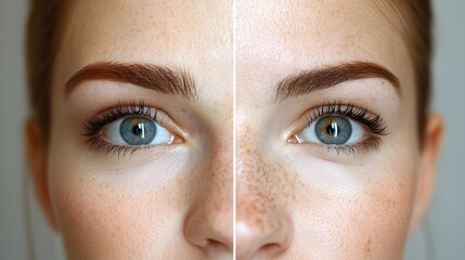 Fototapeta premium Wrinkle-reducing effects of Botox, before showing prominent forehead lines, and after, featuring a visibly smooth and firm appearance