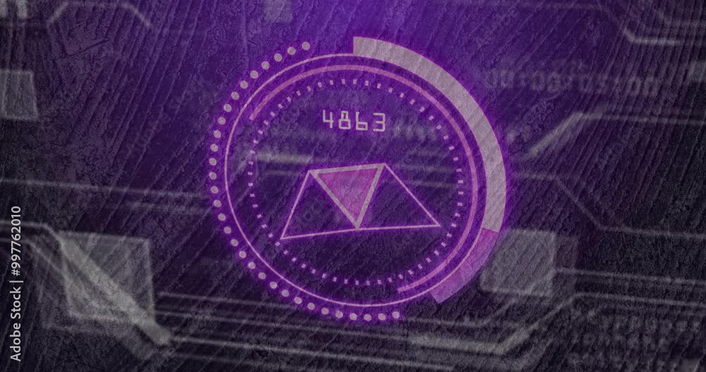 Poster animation of scope scanning with data processing over shapes on black background