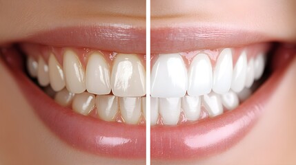 Before-and-after teeth whitening comparison, showcasing dramatic brightness improvement, close-up view, Photorealistic, Clean White Background