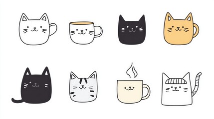 Cute Hand-Drawn Doodle Cats with Coffee Mugs. Minimalist Vector Illustration on White Background