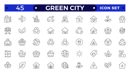 Green city Outline icons collection. UI icon set in a flat design. Includes Sustainability, Solar Panel, Recycling, Green City, vector illustration.