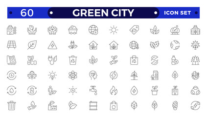 Green city Outline icons collection. UI icon set in a flat design. Includes Sustainability, Solar Panel, Recycling, Green City, vector illustration.