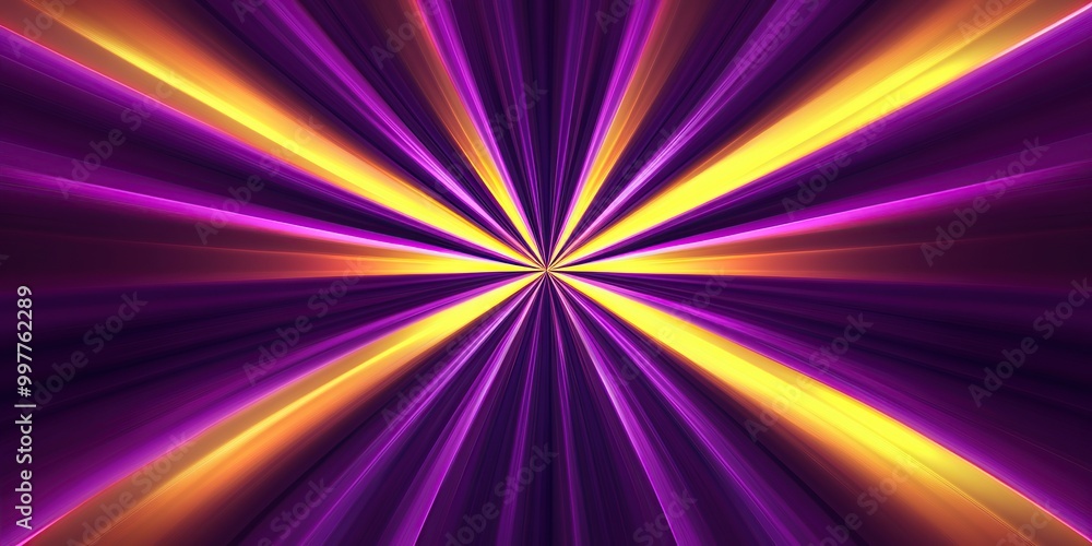 Poster purple and yellow rays of light radiating from the center, creating an abstract background with a gr
