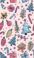 New Year's and Christmas festival seamless pattern in a 2D doodle illustrator style on pastel color backgrounds for graphic advertising.