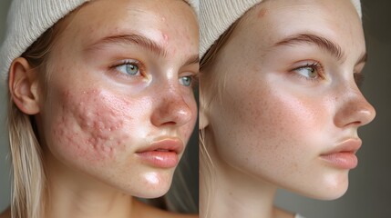 Before-and-after acne healing  Active pustules turning into flat healing spots, reduced redness, and pore shrinkage on both sides of the face