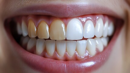 Split-screen image of teeth before and after whitening treatment, showing enhanced color and shine, Realistic Style, Soft Lighting, High Detail