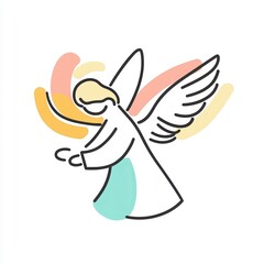 Naklejka premium A delicate line drawing illustrates an angel with outstretched wings and gentle curves, in pastel colors on a clean white background, exuding a feeling of peace