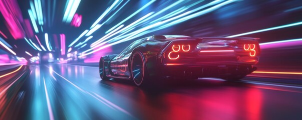 Cyberpunk Dreams: Glowing Neon Outlines of Futuristic Vehicles Racing in Digital Cityscape