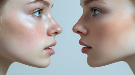 Obraz premium Detailed side-by-side comparison of facial aging, showing smoother skin, tightened jawline, and reduced wrinkles post-facelift, High-Resolution, Realistic Style