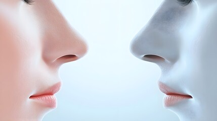 Obraz premium Rhinoplasty progress comparison, side and front view of nasal correction, highlighting improved proportions and aesthetic balance, 3D Digital Render, High Precision