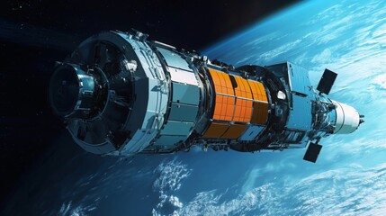 A sophisticated spacecraft is seen orbiting Earth, showcasing its intricate design and various modules. The stunning blue planet and its cloud formations create a captivating backdrop to the scene.