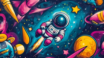Colorful Space Exploration with Astronaut and Rockets