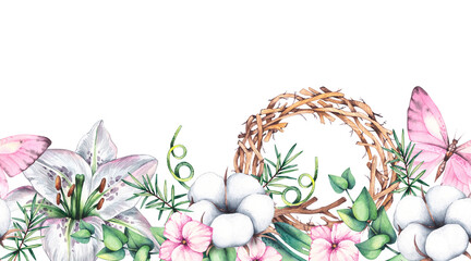 Watercolor botanical horizontal border with flowers. Hand drawn border. Floral border for design of cards, wedding invitations, packaging and more.