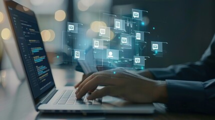 Hands typing on a laptop with digital email icons overlay. Concept of online communication and technology.
