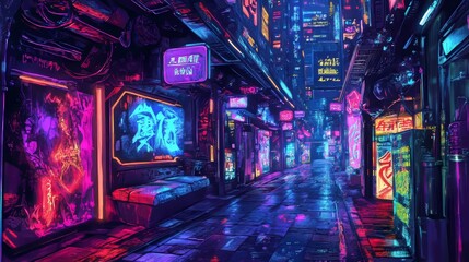 Vibrant Neon Cityscape in a Futuristic Alley