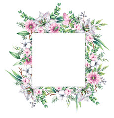 Watercolor botanical wreath with flowers and birds. Hand drawn wreath. Floral wreath for designing cards, wedding invitations, packaging, etc. Flower frame