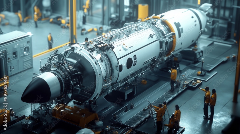 Aufkleber A large rocket is being assembled inside a factory, with multiple workers in yellow vests positioned around the rocket, likely preparing it for launch.