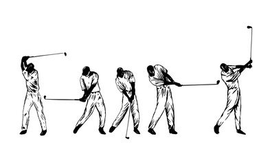 Hand-drawn illustration, in simple lines, of a sequence of a golf player executing a shot.